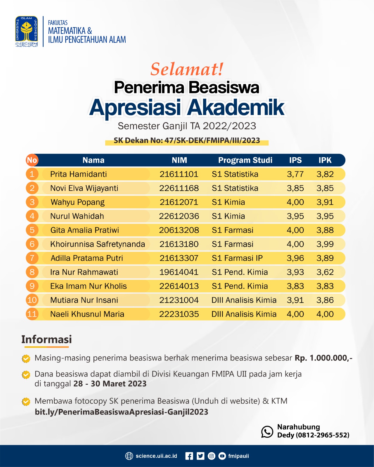 Pengumuman Penerima Beasiswa Apresiasi Akademik Fakultas Mipa 